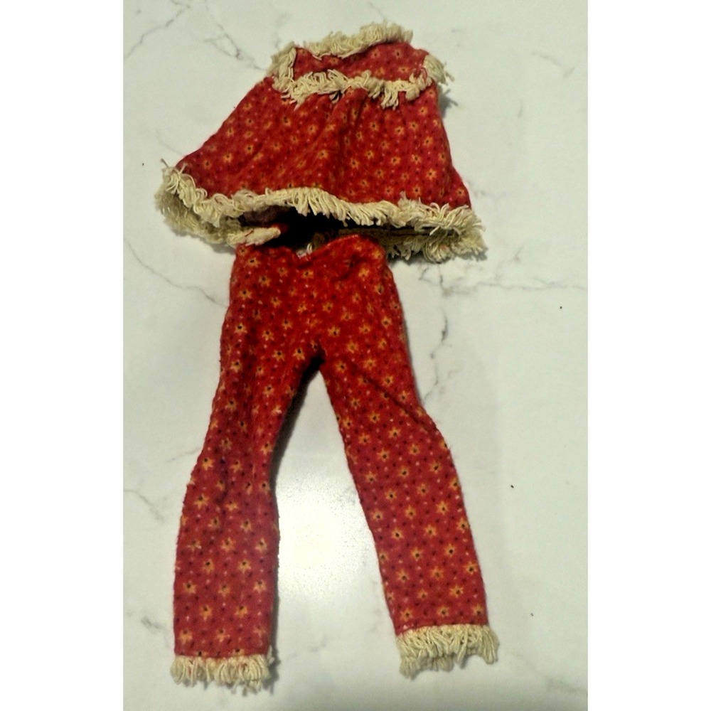 Vintage Skipper 1924 Wooly Pajamas Outfit 1965 Mattel Red Floral Fringe Top & Pa